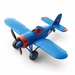 the toy airplane is blue with red rims