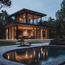 modern home with pool and patio lit up at night