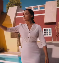 an attractive woman standing in front of a pool