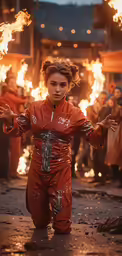 a young person with fire torches behind her
