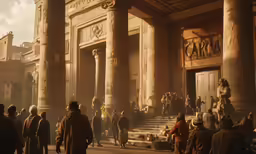 a man in costume standing in front of two pillars