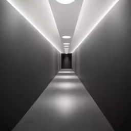 the long white hallway leading to another room