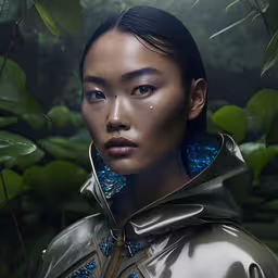 the young woman is wearing an artistic coat in a tropical area,a young lady in the forest wearing rain coat