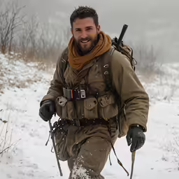 a man with a beard is walking in the snow