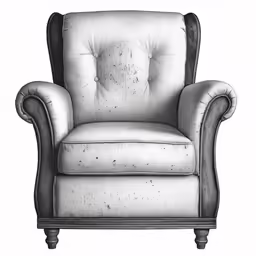 an upholstered armchair with the back turned off to show a faded, worn and peeling paint - chipped back