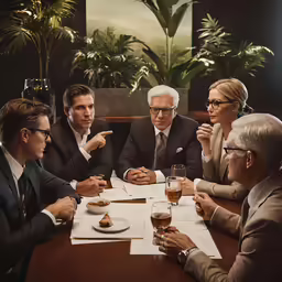 five people sitting at a table talking together