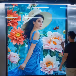 a woman in a blue dress is walking by the picture