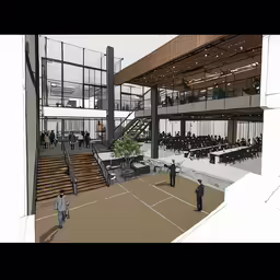 a rendering of a tennis court and some people sitting down