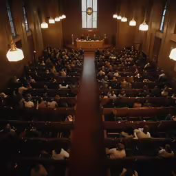a church with an overhead view of a large pew filled with people