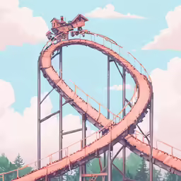 a red roller coaster near some trees and clouds