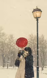 a woman holding an umbrella on a snowy street