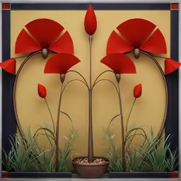 a couple of red flowers are next to a plant
