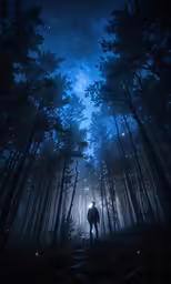 a person stands on a trail in the middle of a forest at night