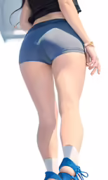 the back view of an asian woman wearing gray shorts