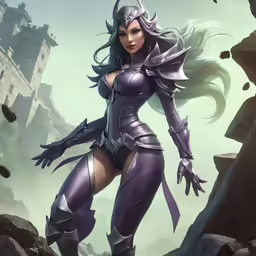 an image of a woman in armor walking down rocks