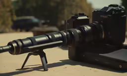 a camera and its lens setting on the ground