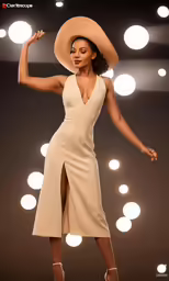 woman in a beige dress with light bulbs on the background