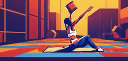 a stylized painting of a person in a room, stretching and holding her hands up,a person sitting on a floor using a laptop computer