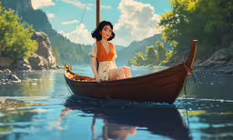 a woman in a boat in the middle of a body of water,the girl is sitting on the boat on the water