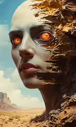 an alien woman in a desert landscape with red eyes