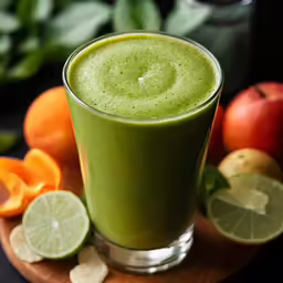 a green smoothie with slices of orange, apples, and kiwi