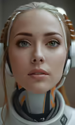 an artificial woman wearing headphones is in a studio photo