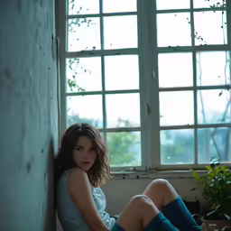 a woman that is leaning against a wall with her legs crossed