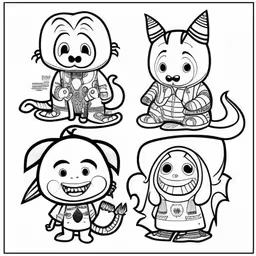four characters that are wearing costume for halloween,coloring page with cute cartoon animals