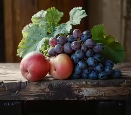 apples and blueberries sitting on a wooden table