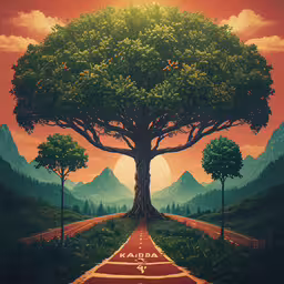 a surreal photo with a tree on top of a road,a painting of a road in a forest
