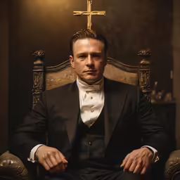 a man sitting in a chair wearing a black suit and a cross on top of his head
