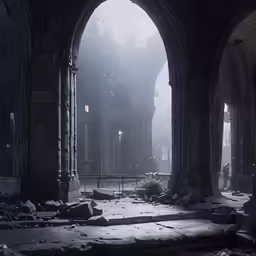a destroyed cathedral is shown in the middle of an eerie scene