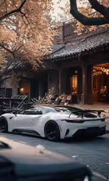 a white sports car is parked in front of a building