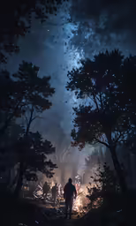 a person walking away from a forest at night