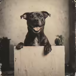 a black dog standing behind a wooden box with its mouth open