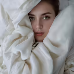a woman peeking out from under a blanket