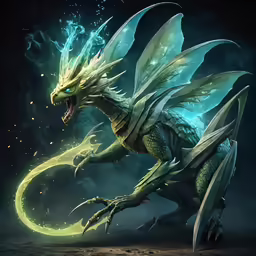 a green dragon with a flamey mouth
