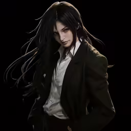 a dark haired woman in a suit with long hair