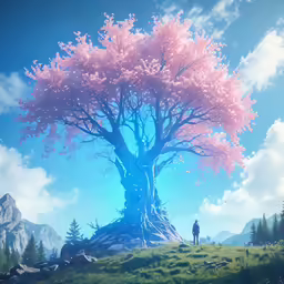 a lone figure standing on a hilltop in front of a pink tree