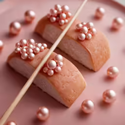 three pieces of bread on sticks on a pink plate with pearls and pearls