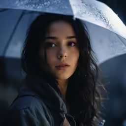 a girl standing in the rain holding an umbrella