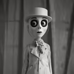 a doll dressed as a man with a white hat and a bowtie and coat and some eyes
