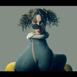 a 3d woman wearing goggles on top of a chair