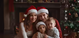 a beautiful mother and her two kids wearing christmas hats