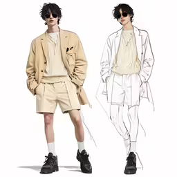 two people are modeling clothes and standing in front of an image