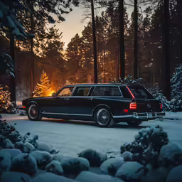 an old car parked outside in the snow