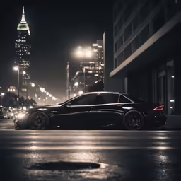 a car parked on a city street next to buildings