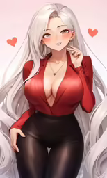 a white haired woman with long hair is wearing tight black pants and a red top