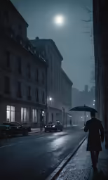 man with umbrella walking down city street at night
