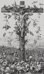 a man on a cross is standing in the middle of a field